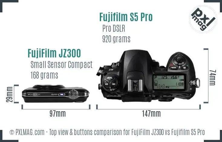 FujiFilm JZ300 vs Fujifilm S5 Pro top view buttons comparison FujiFilm JZ300 vs Fujifilm S5 Pro top view buttons comparison