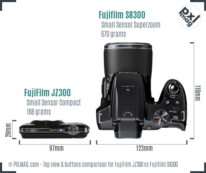 FujiFilm JZ300 vs Fujifilm S8300 top view buttons comparison