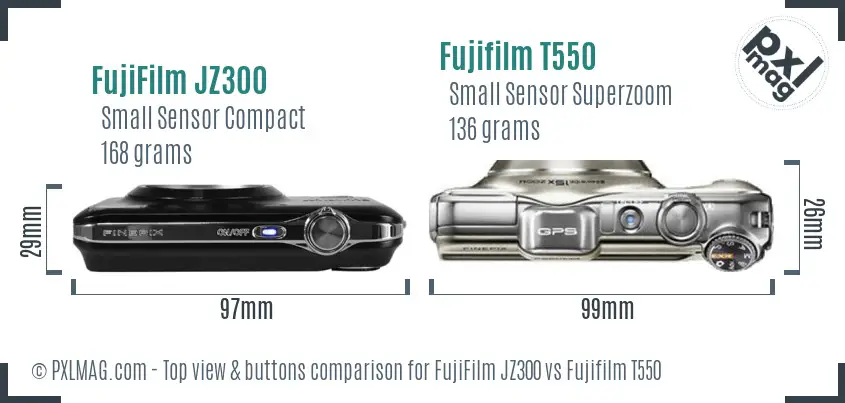 FujiFilm JZ300 vs Fujifilm T550 top view buttons comparison FujiFilm JZ300 vs Fujifilm T550 top view buttons comparison