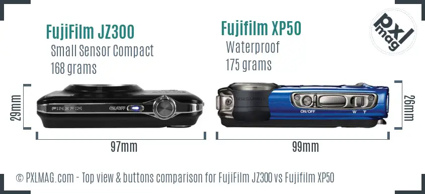 FujiFilm JZ300 vs Fujifilm XP50 top view buttons comparison FujiFilm JZ300 vs Fujifilm XP50 top view buttons comparison
