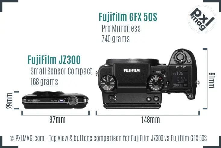 FujiFilm JZ300 vs Fujifilm GFX 50S top view buttons comparison