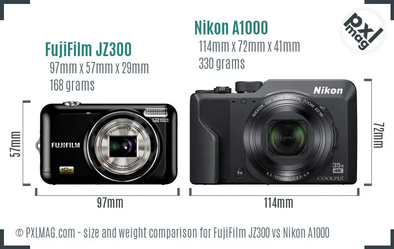 FujiFilm JZ300 vs Nikon A1000 size comparison