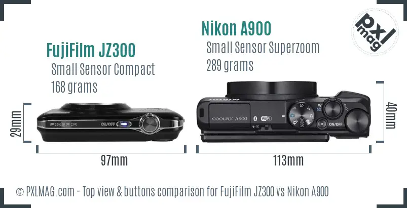 FujiFilm JZ300 vs Nikon A900 top view buttons comparison