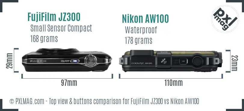 FujiFilm JZ300 vs Nikon AW100 top view buttons comparison