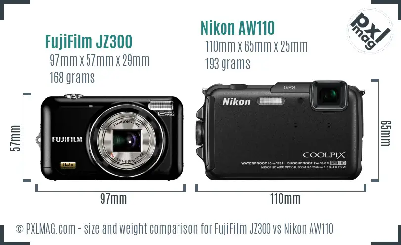 FujiFilm JZ300 vs Nikon AW110 size comparison
