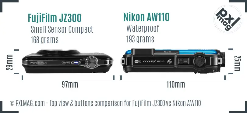FujiFilm JZ300 vs Nikon AW110 top view buttons comparison