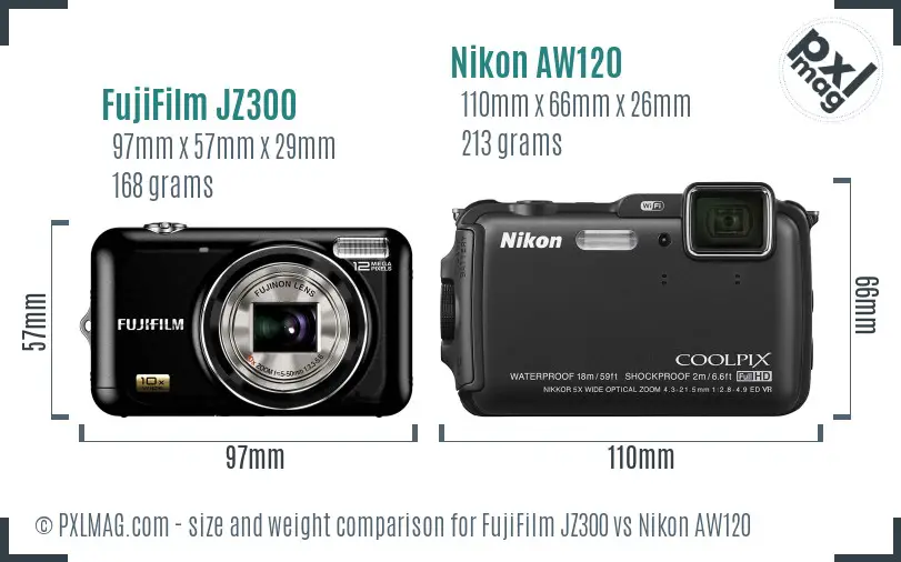 FujiFilm JZ300 vs Nikon AW120 size comparison