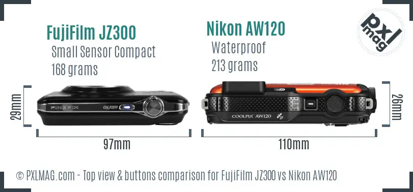 FujiFilm JZ300 vs Nikon AW120 top view buttons comparison