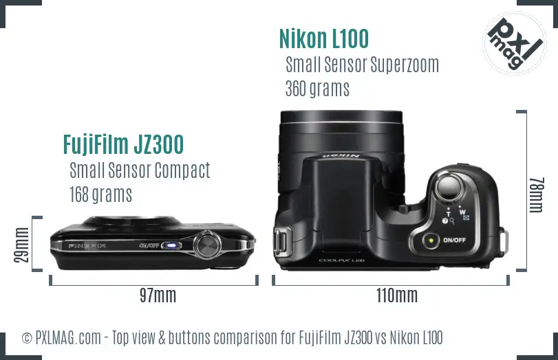 FujiFilm JZ300 vs Nikon L100 top view buttons comparison