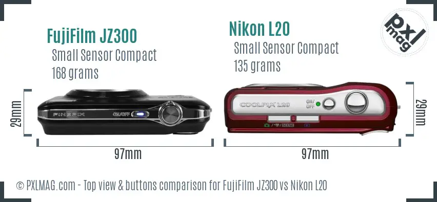 FujiFilm JZ300 vs Nikon L20 top view buttons comparison FujiFilm JZ300 vs Nikon L20 top view buttons comparison
