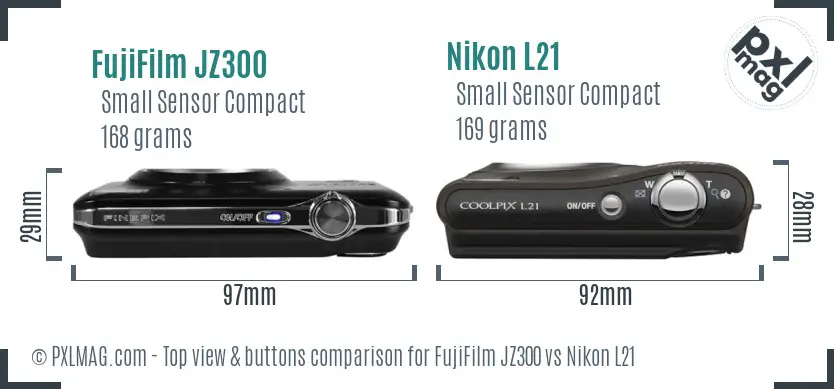 FujiFilm JZ300 vs Nikon L21 top view buttons comparison FujiFilm JZ300 vs Nikon L21 top view buttons comparison