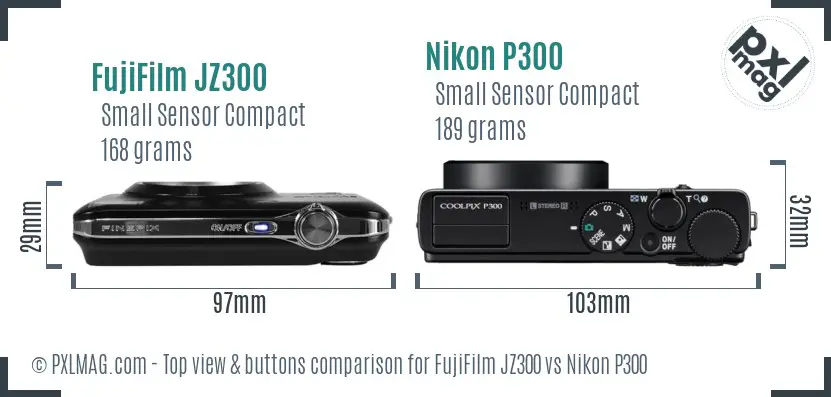 FujiFilm JZ300 vs Nikon P300 top view buttons comparison