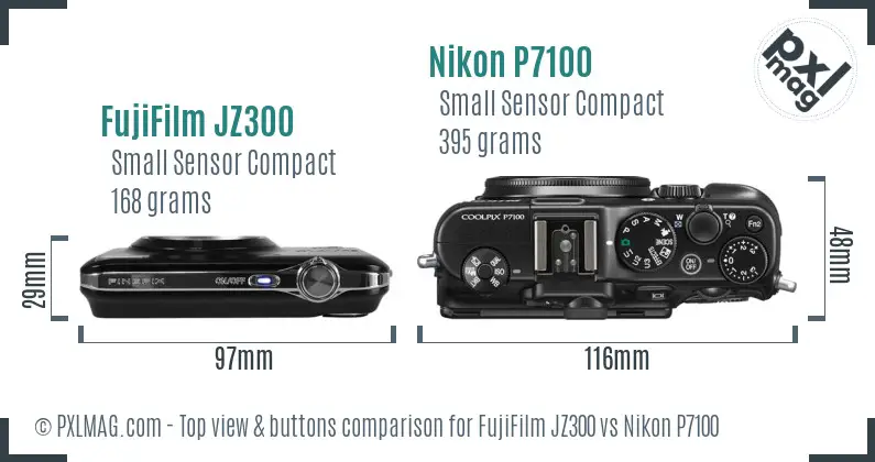 FujiFilm JZ300 vs Nikon P7100 top view buttons comparison