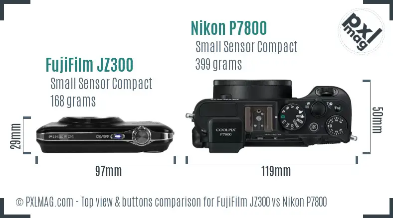 FujiFilm JZ300 vs Nikon P7800 top view buttons comparison