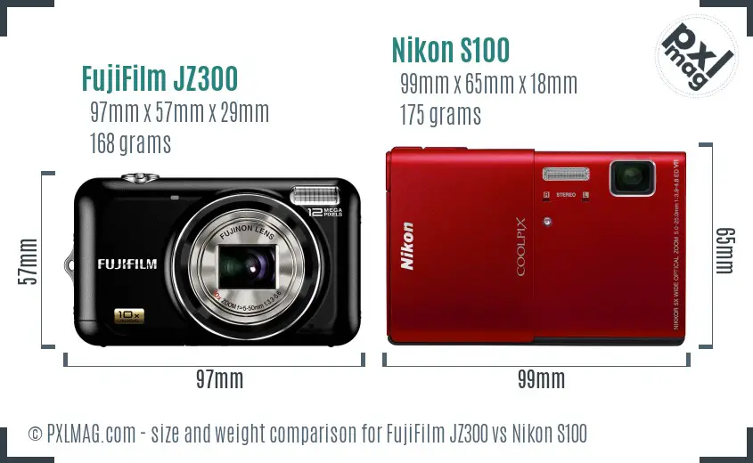 FujiFilm JZ300 vs Nikon S100 size comparison