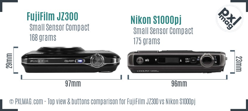FujiFilm JZ300 vs Nikon S1000pj top view buttons comparison