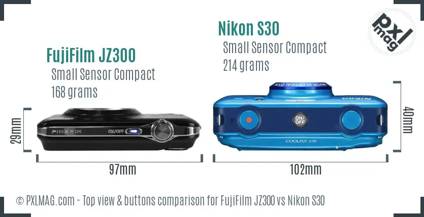 FujiFilm JZ300 vs Nikon S30 top view buttons comparison FujiFilm JZ300 vs Nikon S30 top view buttons comparison
