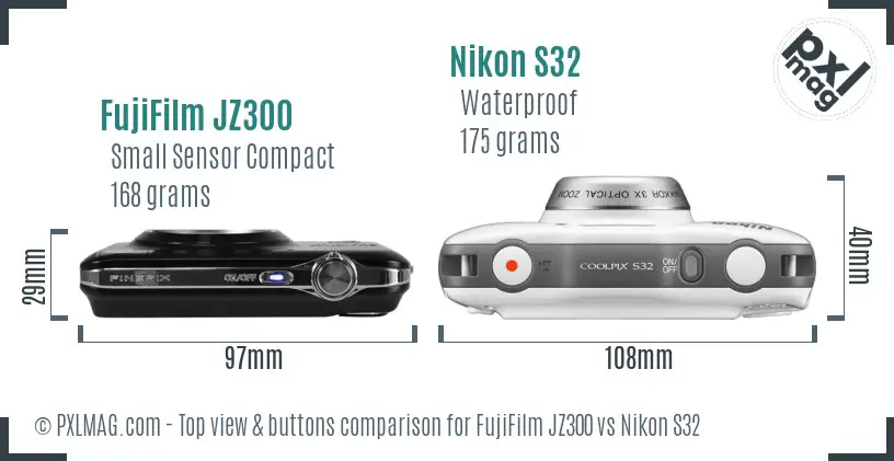 FujiFilm JZ300 vs Nikon S32 top view buttons comparison FujiFilm JZ300 vs Nikon S32 top view buttons comparison