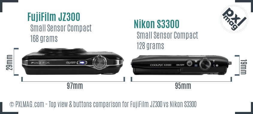 FujiFilm JZ300 vs Nikon S3300 top view buttons comparison