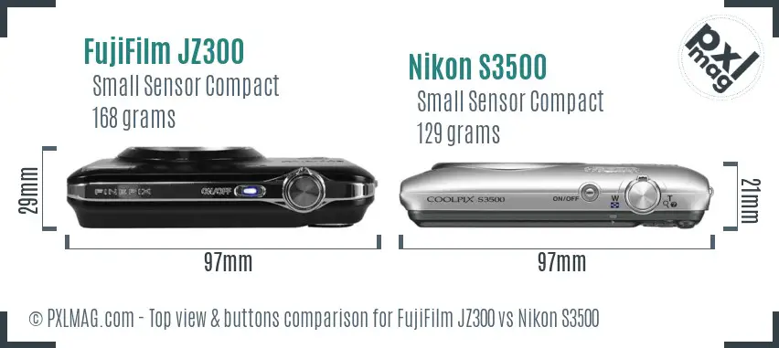 FujiFilm JZ300 vs Nikon S3500 top view buttons comparison FujiFilm JZ300 vs Nikon S3500 top view buttons comparison
