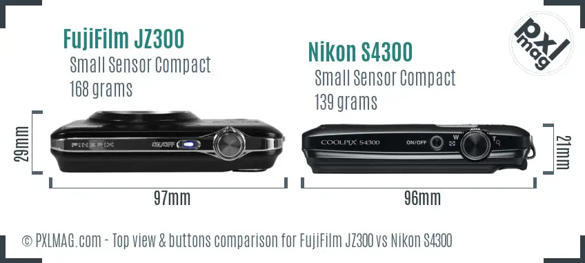 FujiFilm JZ300 vs Nikon S4300 top view buttons comparison FujiFilm JZ300 vs Nikon S4300 top view buttons comparison