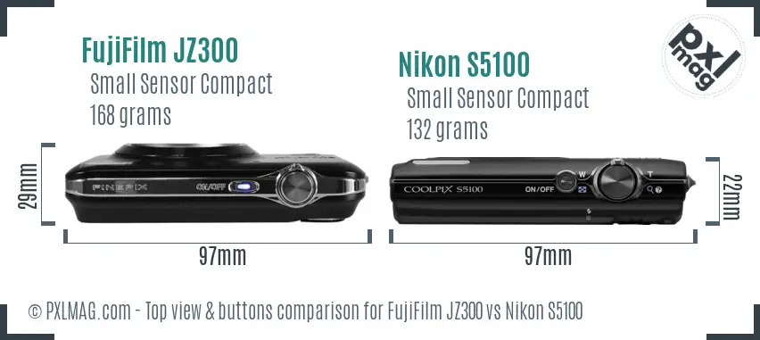 FujiFilm JZ300 vs Nikon S5100 top view buttons comparison