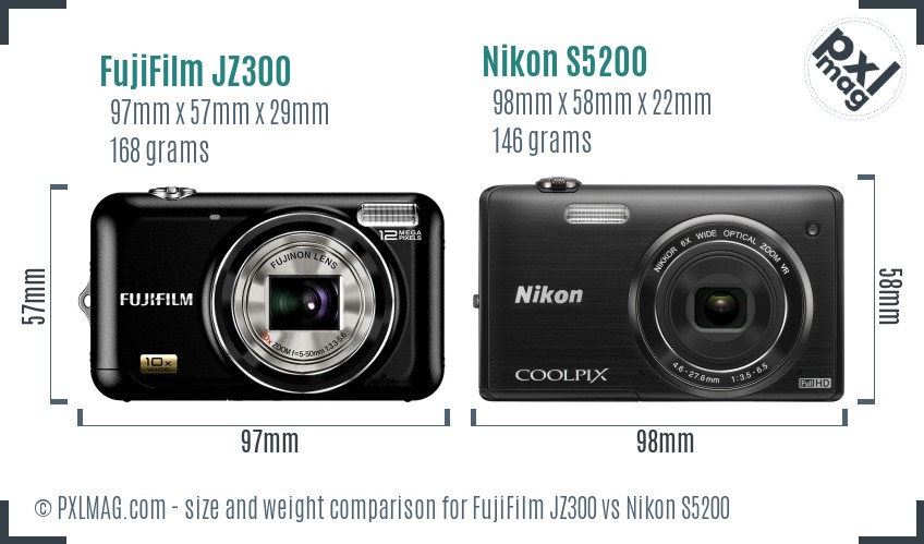 FujiFilm JZ300 vs Nikon S5200 size comparison