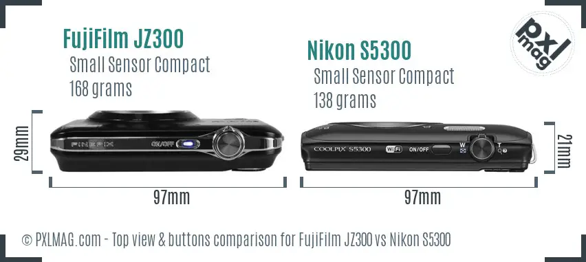 FujiFilm JZ300 vs Nikon S5300 top view buttons comparison