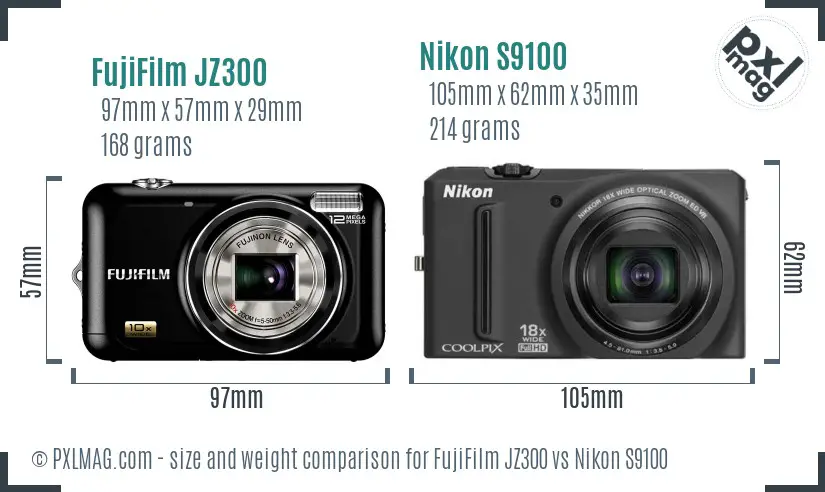 FujiFilm JZ300 vs Nikon S9100 size comparison