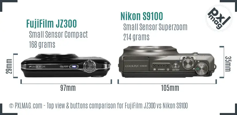 FujiFilm JZ300 vs Nikon S9100 top view buttons comparison