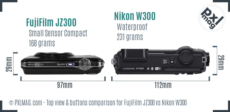 FujiFilm JZ300 vs Nikon W300 top view buttons comparison