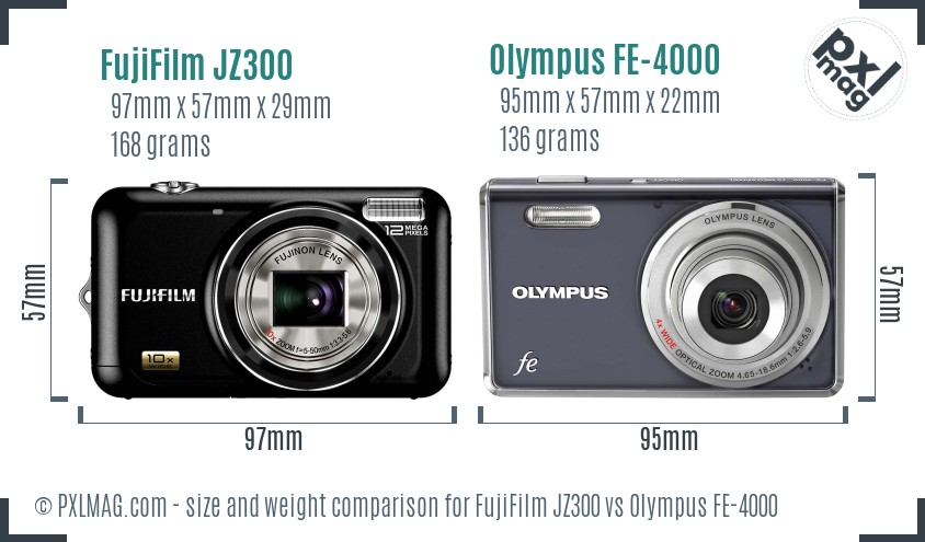 FujiFilm JZ300 vs Olympus FE-4000 size comparison FujiFilm JZ300 vs Olympus FE-4000 size comparison