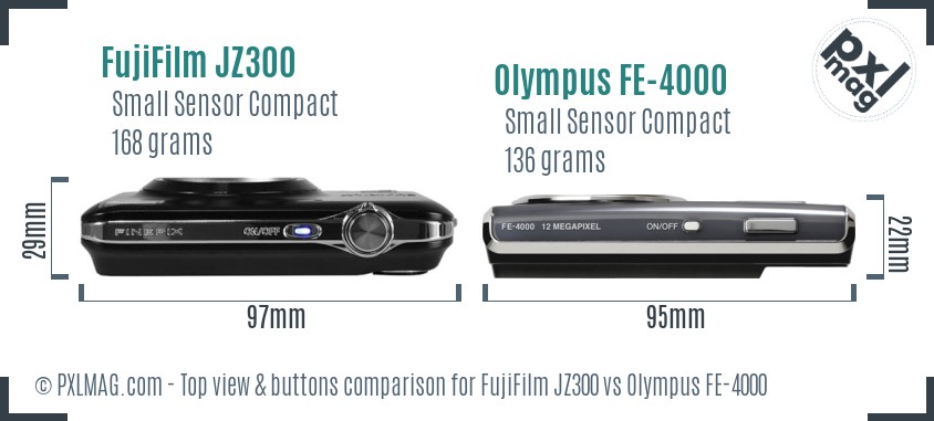 FujiFilm JZ300 vs Olympus FE-4000 top view buttons comparison