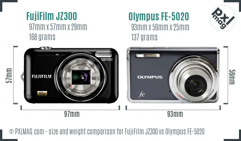 FujiFilm JZ300 vs Olympus FE-5020 size comparison FujiFilm JZ300 vs Olympus FE-5020 size comparison