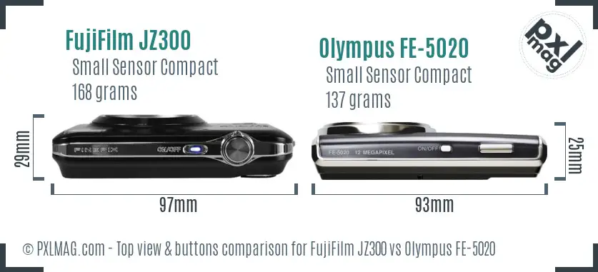 FujiFilm JZ300 vs Olympus FE-5020 top view buttons comparison FujiFilm JZ300 vs Olympus FE-5020 top view buttons comparison