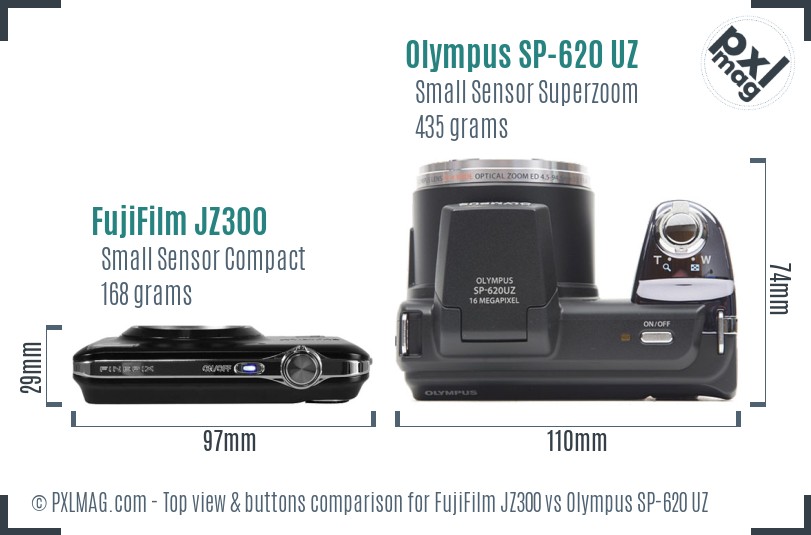 FujiFilm JZ300 vs Olympus SP-620 UZ top view buttons comparison