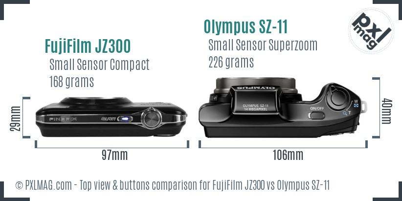 FujiFilm JZ300 vs Olympus SZ-11 top view buttons comparison