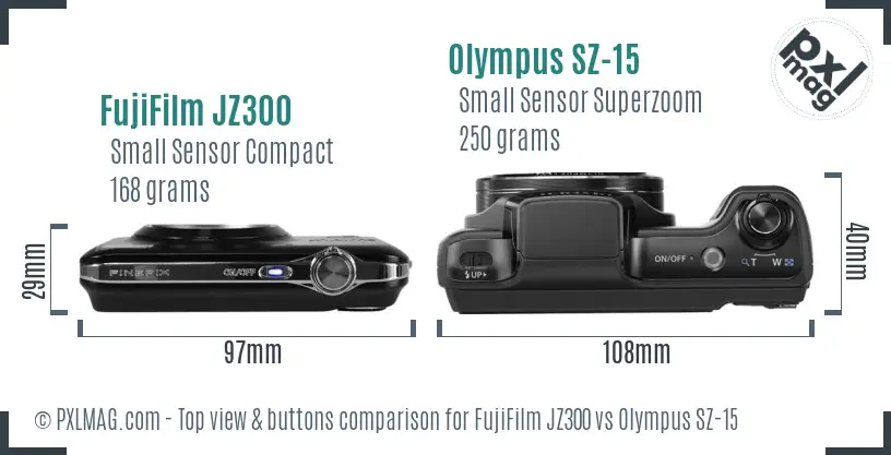 FujiFilm JZ300 vs Olympus SZ-15 top view buttons comparison