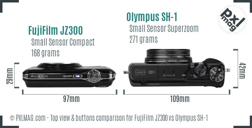 FujiFilm JZ300 vs Olympus SH-1 top view buttons comparison FujiFilm JZ300 vs Olympus SH-1 top view buttons comparison