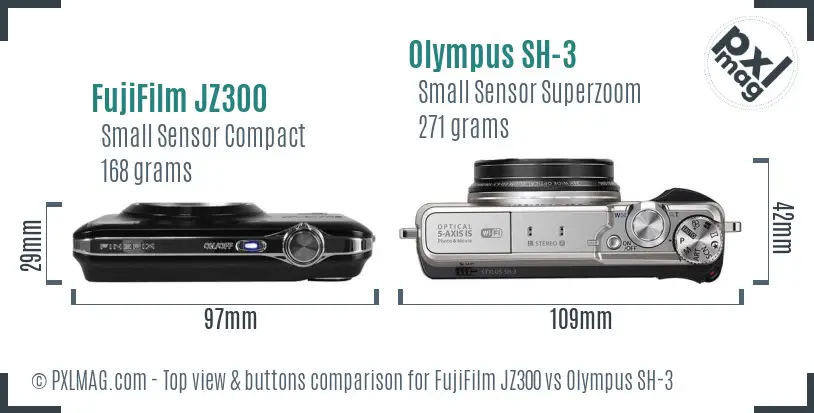 FujiFilm JZ300 vs Olympus SH-3 top view buttons comparison