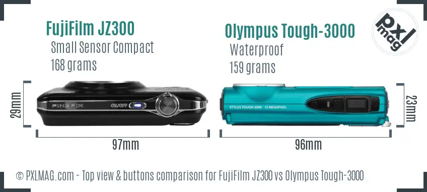 FujiFilm JZ300 vs Olympus Tough-3000 top view buttons comparison