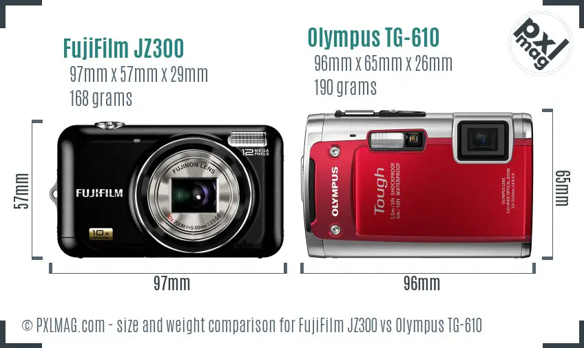 FujiFilm JZ300 vs Olympus TG-610 size comparison FujiFilm JZ300 vs Olympus TG-610 size comparison