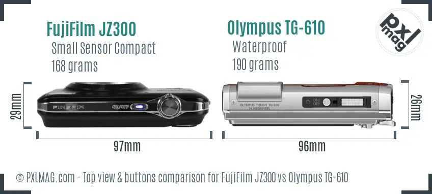 FujiFilm JZ300 vs Olympus TG-610 top view buttons comparison FujiFilm JZ300 vs Olympus TG-610 top view buttons comparison