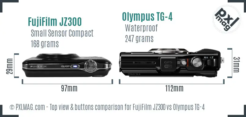 FujiFilm JZ300 vs Olympus TG-4 top view buttons comparison FujiFilm JZ300 vs Olympus TG-4 top view buttons comparison