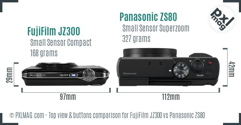 FujiFilm JZ300 vs Panasonic ZS80 top view buttons comparison FujiFilm JZ300 vs Panasonic ZS80 top view buttons comparison