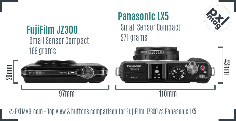 FujiFilm JZ300 vs Panasonic LX5 top view buttons comparison