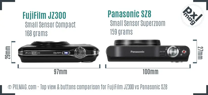 FujiFilm JZ300 vs Panasonic SZ8 top view buttons comparison FujiFilm JZ300 vs Panasonic SZ8 top view buttons comparison