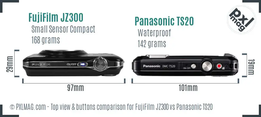 FujiFilm JZ300 vs Panasonic TS20 top view buttons comparison