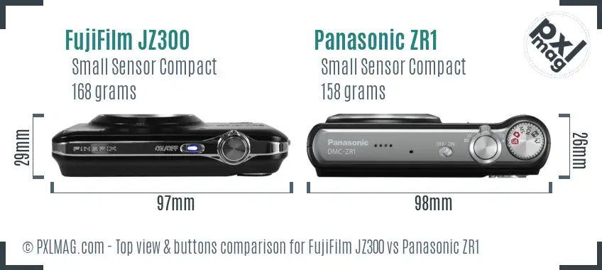 FujiFilm JZ300 vs Panasonic ZR1 top view buttons comparison FujiFilm JZ300 vs Panasonic ZR1 top view buttons comparison