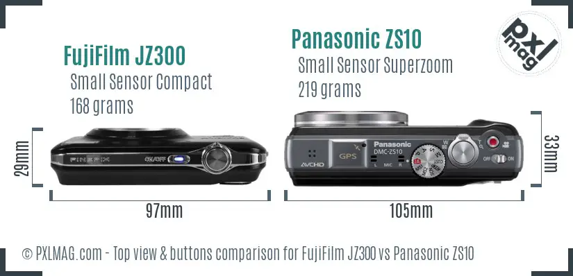 FujiFilm JZ300 vs Panasonic ZS10 top view buttons comparison FujiFilm JZ300 vs Panasonic ZS10 top view buttons comparison